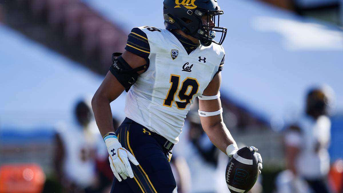 California linebacker Cameron Goode celebrates after recovering a ball off a blocked punt during the first half of an NCAA college football game against UCLA in Los Angeles, Sunday, Nov. 15, 2020. (AP Photo/Kelvin Kuo)