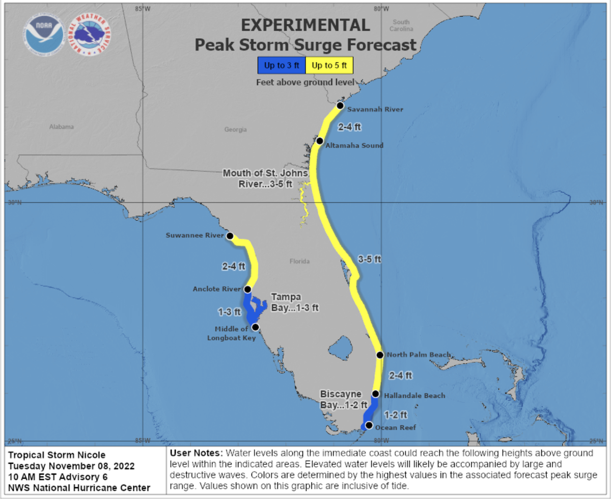 The National Hurricane Center predicts Tropical Storm Nicole will bring up to 5 feet of storm surge to parts of Florida.