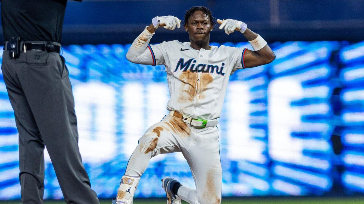 Miami Marlins batter Jazz Chisholm Jr. reacts to driving in to runs during the second inning of an MLB game against the Baltimore Orioles at loanDepot Park on Tuesday.