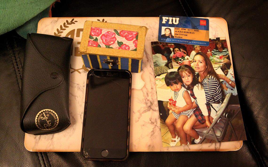 These are some of the belongings of FIU student Alexa Duran, who was killed when the FIU bridge collapsed onto Southwest Eighth Street on March 15. Her mother, Gina Duran, is trying to get the iPhone unlocked to access her daughter's photos and messages, a way of connecting with her final thoughts.