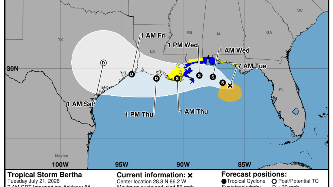 Tropical Storm Bertha expected to bring rain and storm surge to the Gulf coast