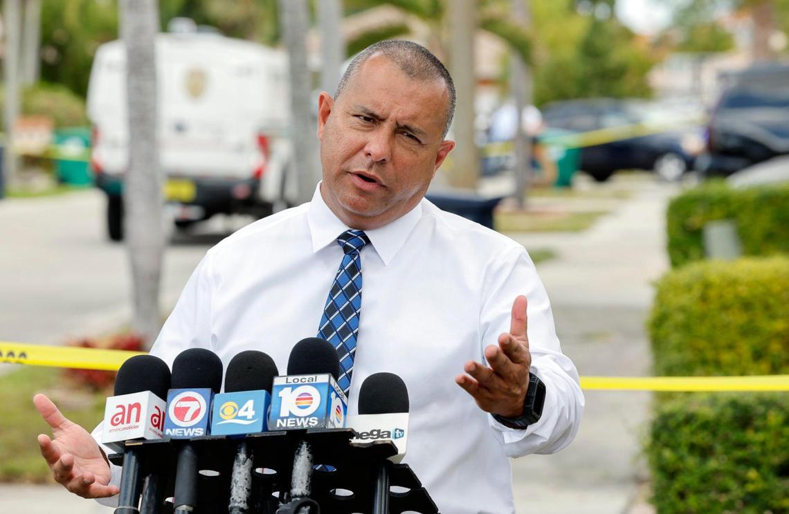 Miami-Dade Police Department PIO Alvaro Zabaleta speaks to reporters after a murder-suicide of five people at 14800 Block NW 87 Ct in Miami Lakes on Friday, March 10, 2023.