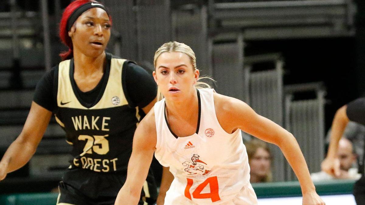UM Hurricanes Haley Cavinder (14) has become a team leader since transferring in from Fresno State. UM plays Boston College at home on Jan. 26, 2023.