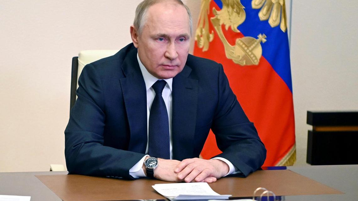 Russian President Vladimir Putin chairs a Security Council meeting via videoconference at the Novo-Ogaryovo residence outside Moscow, Russia, Thursday, March 3, 2022. (Andrei Gorshkov, Sputnik, Kremlin Pool Photo via AP)