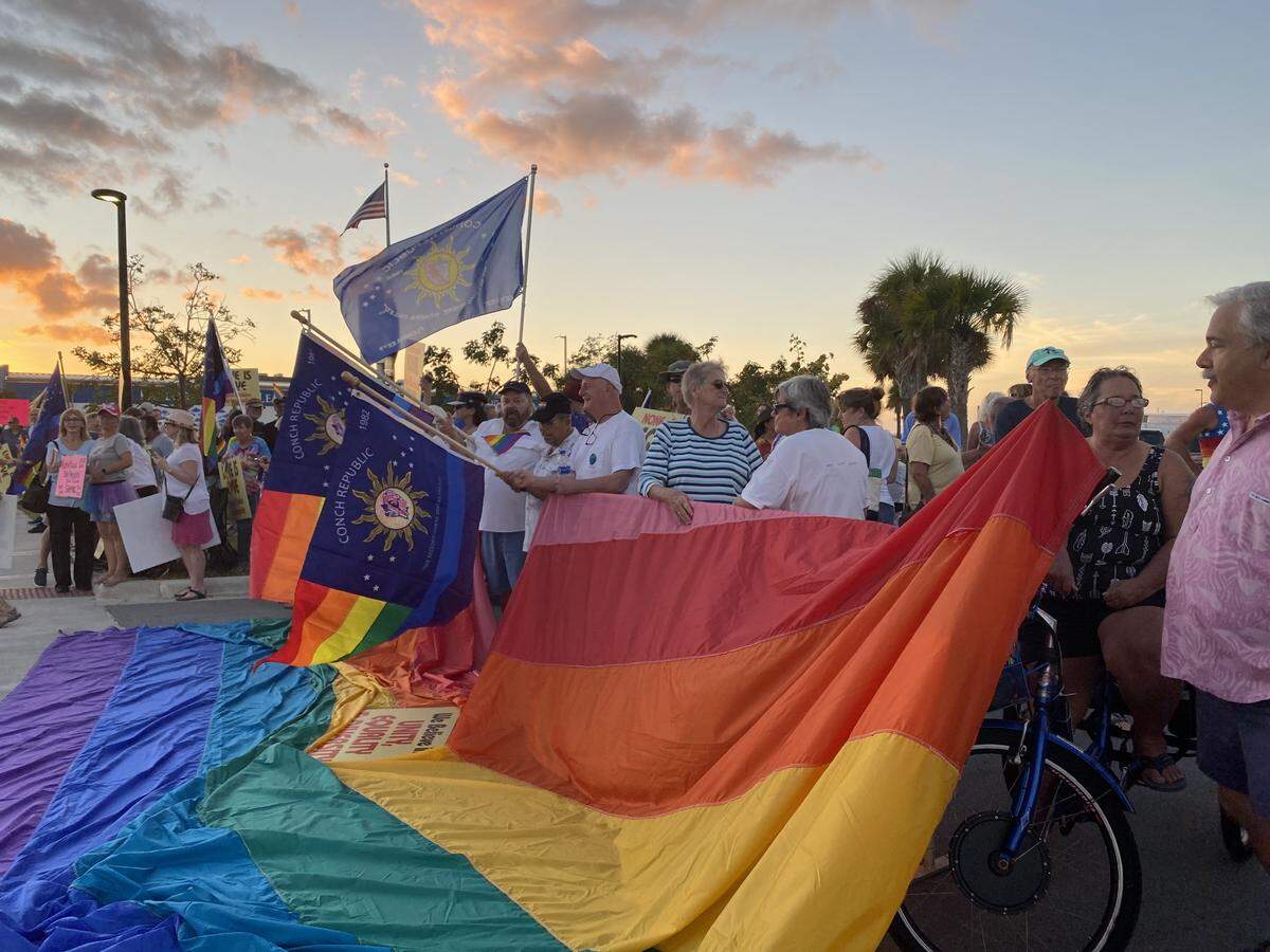 About 125 people stood outside the Coffee Butler Amphitheater in Key West to protest the arrival of evangelist Franklin Graham, who put on a free gospel event on Jan. 16, 2020.
