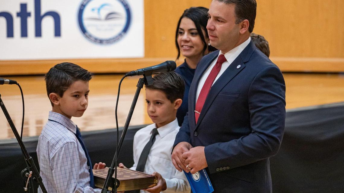 Daniel Espino is sworn in as a new Miami-Dade School Board member on Tuesday, Nov. 22, 2022. Gov. DeSantis appointed him to the board Monday night to replace Christi Fraga, who was required to resign as she’s running for the mayor of Doral in a Dec. 13 runoff election.
