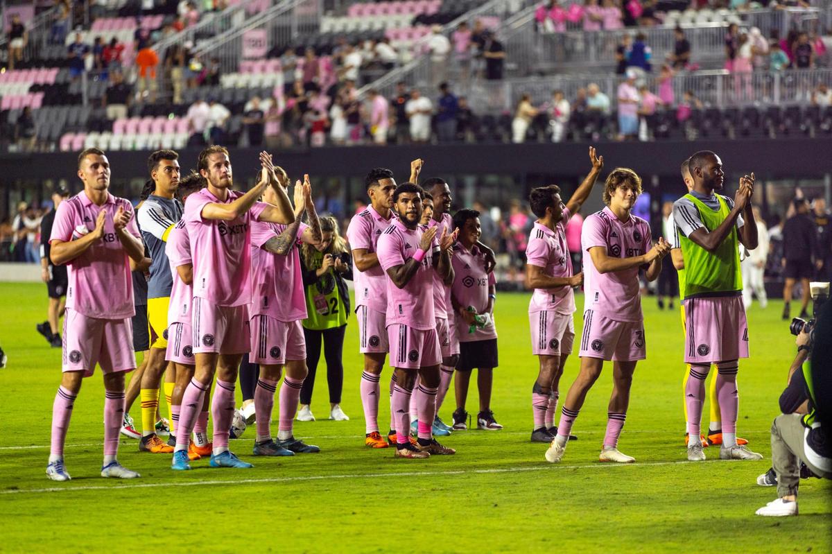 Inter Miami CF players react to defeating the New England Revolution 2-1 after the second half of an MLS game at DRV PNK Stadium in Fort Lauderdale, Florida, on Saturday, May 13, 2023.