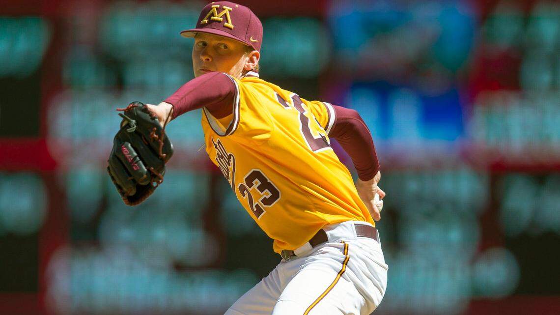 In this April 20, 2019, file photo, Minnesota pitcher Max Meyer throws against Oklahoma during an NCAA college baseball game, in Minneapolis. Meyer is expected to be an early selection in the Major League Baseball draft.