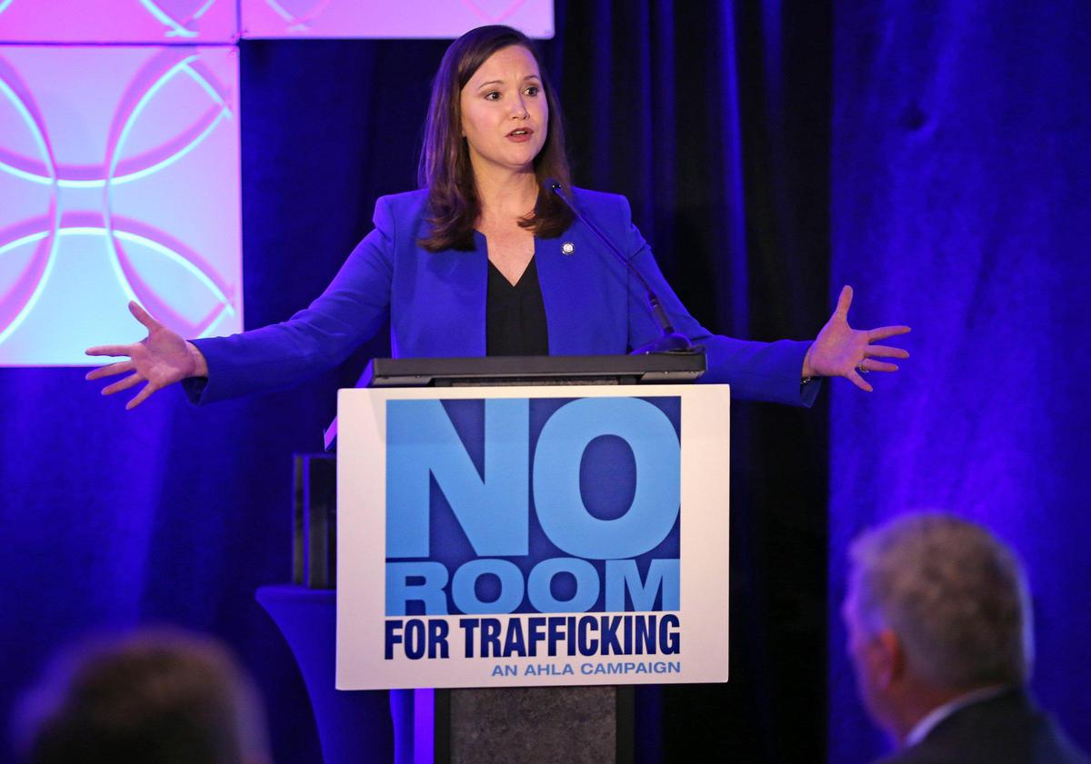 State of Florida Attorney General Ashley Moody speaks as the hotel industry convenes an anti-trafficking summit at the Fontainebleau Miami Beach on Thursday, ahead of Super Bowl 54.