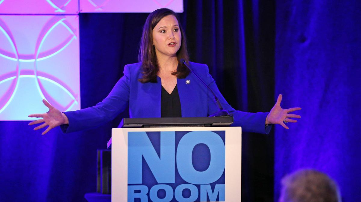 State of Florida Attorney General Ashley Moody speaks as the hotel industry convenes an anti-trafficking summit at the Fontainebleau Miami Beach on Thursday, ahead of Super Bowl 54.