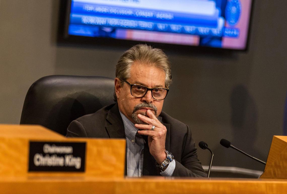 City of Miami Commissioner Miguel Angel Gabela listens during a City Commission meeting to vote to repeal a city law allowing super-sized digital billboards at the Perez Art Museum Miami and the Arsht performance center, at City Hall, on Thursday February 08, 2024.
