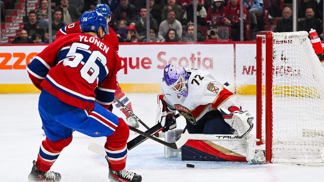 Nov 30, 2023; Montreal, Quebec, CAN; Florida Panthers goalie Sergei Bobrovsky (72) makes a save against Montreal Canadiens right wing Jesse Ylonen (56) during the first period at Bell Centre. Mandatory Credit: David Kirouac-USA TODAY Sports