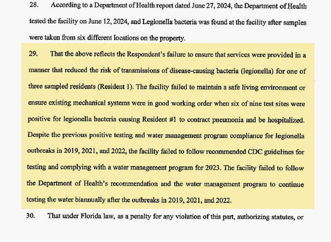 Portion of a final order filed by the Florida Agency for Health Care Administration against New Era Community Health Center in 2024 after a Legionnaires’ outbreak left a resident with pneumonia.