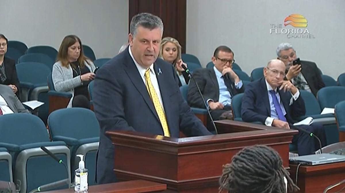 Tony Montalto speaks to Florida lawmakers during a Justice Appropriations subcommittee in Tallahassee on Wednesday, March 15, 2023. He urged them to pass a bill that would change death penalty sentencing.