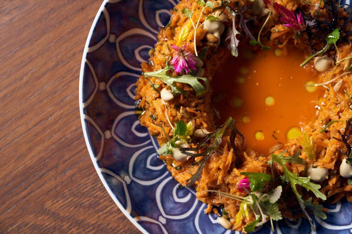 The carrot and sunflower dip with sunflower tahini at Aba, a new restaurant in Bal Harbour Shops.