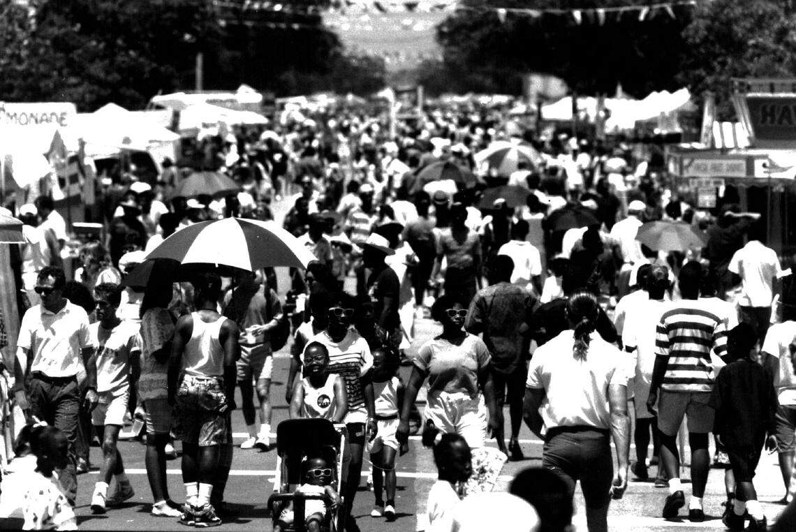 Thousands of people flocked to Grand Avenue in the historically Black section of Miami’s Coconut Grove for the Goombay Festival, which celebrates the neighborhood’s Bahamian heritage, in an undated photo.