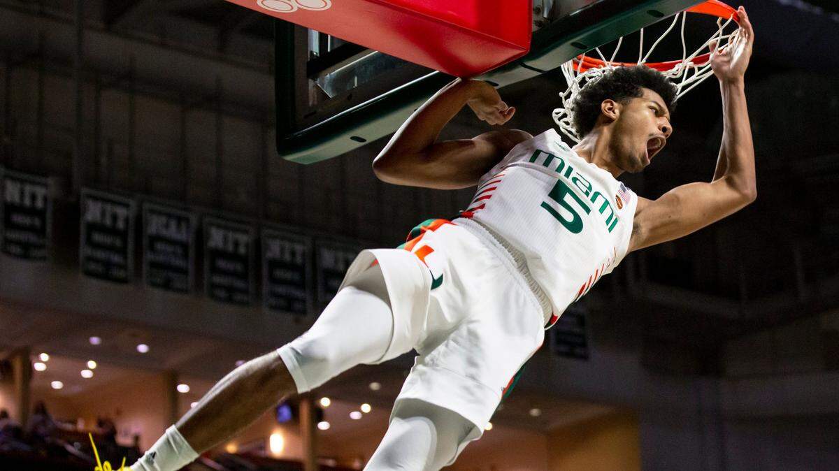 Miami Hurricanes guard Harlond Beverly (5) reacts after dunking in the second half of a basketball game against the Pittsburgh Panthers at Watsco Center in Coral Gables, Florida, on Sunday, January 12, 2020.