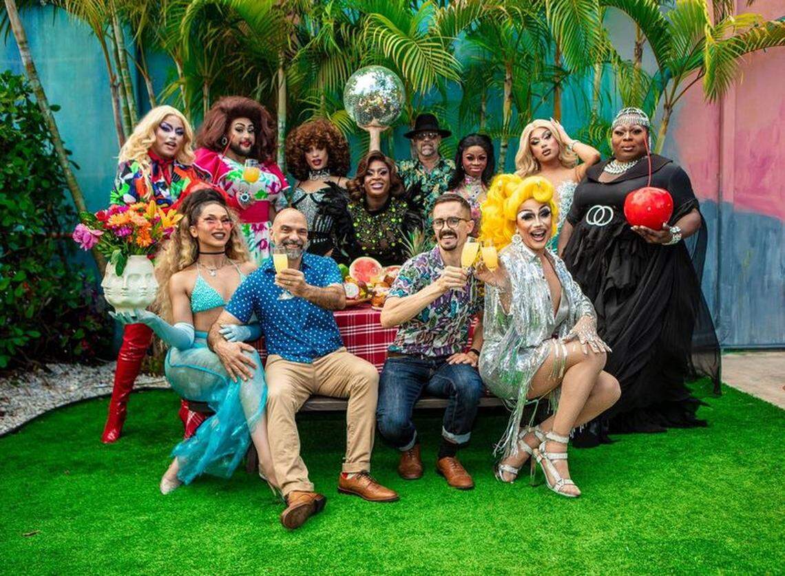 Owners Rocco Carulli and Owen Bale with the drag performers at R House in Wynwood, which is celebrating its 10 anniversary this year.