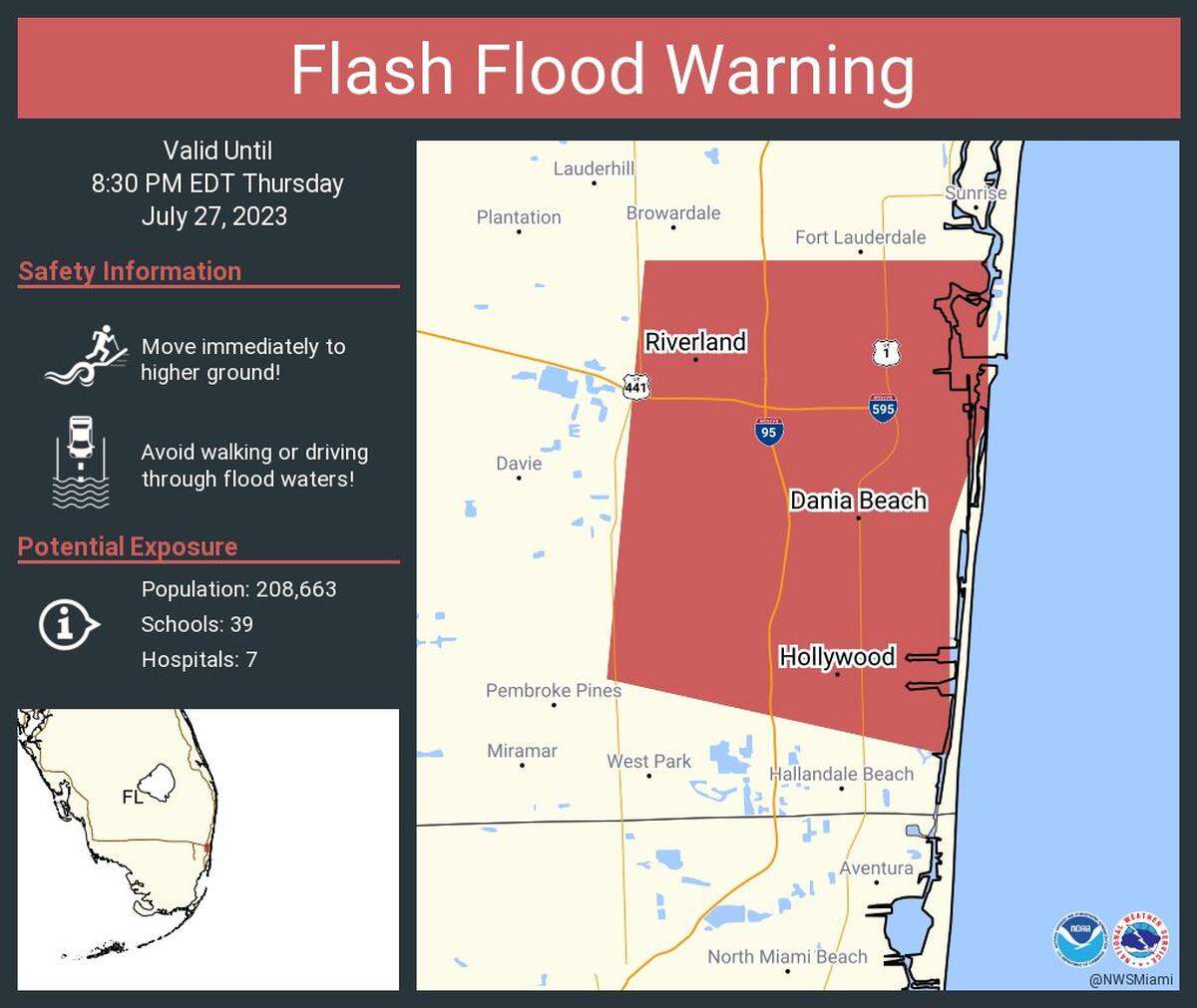 A flash flood warning was issued for parts of Broward County as heavy thunderstorms persist in South Florida.