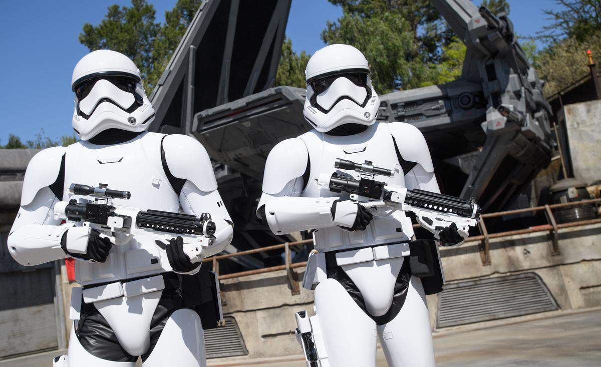 They look like Imperial stormtroopers, but these are the next generation — First Order stormtroopers, at Star Wars: Galaxy’s Edge.