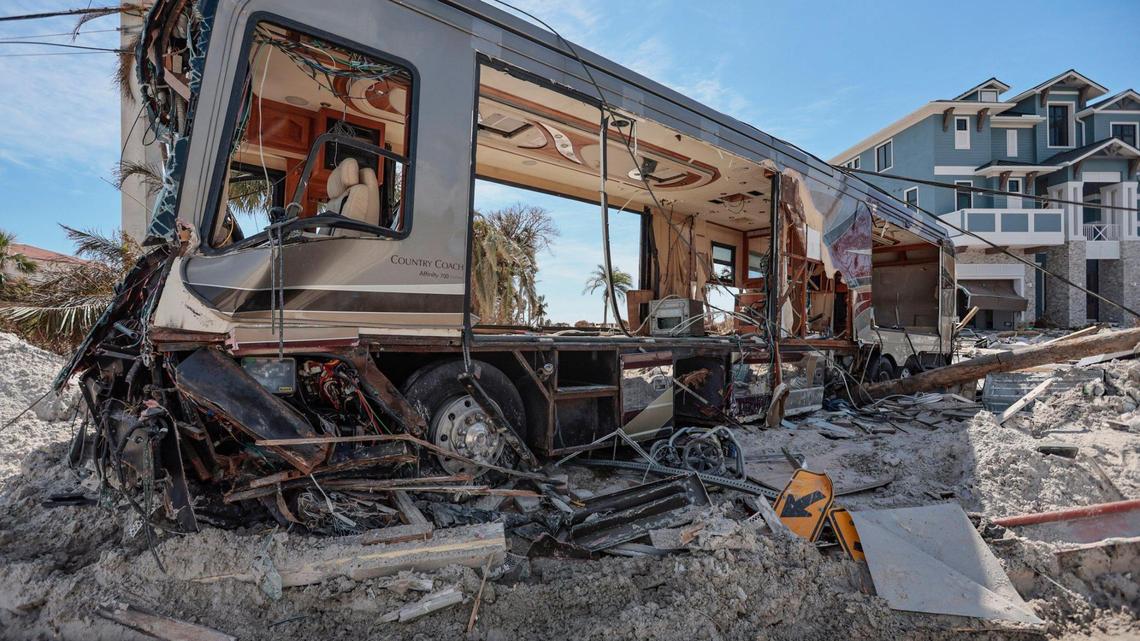 A mobile home damaged by Hurricane Ian is seen along the road on Fort Myers Beach on Monday, October 3, 2022.
