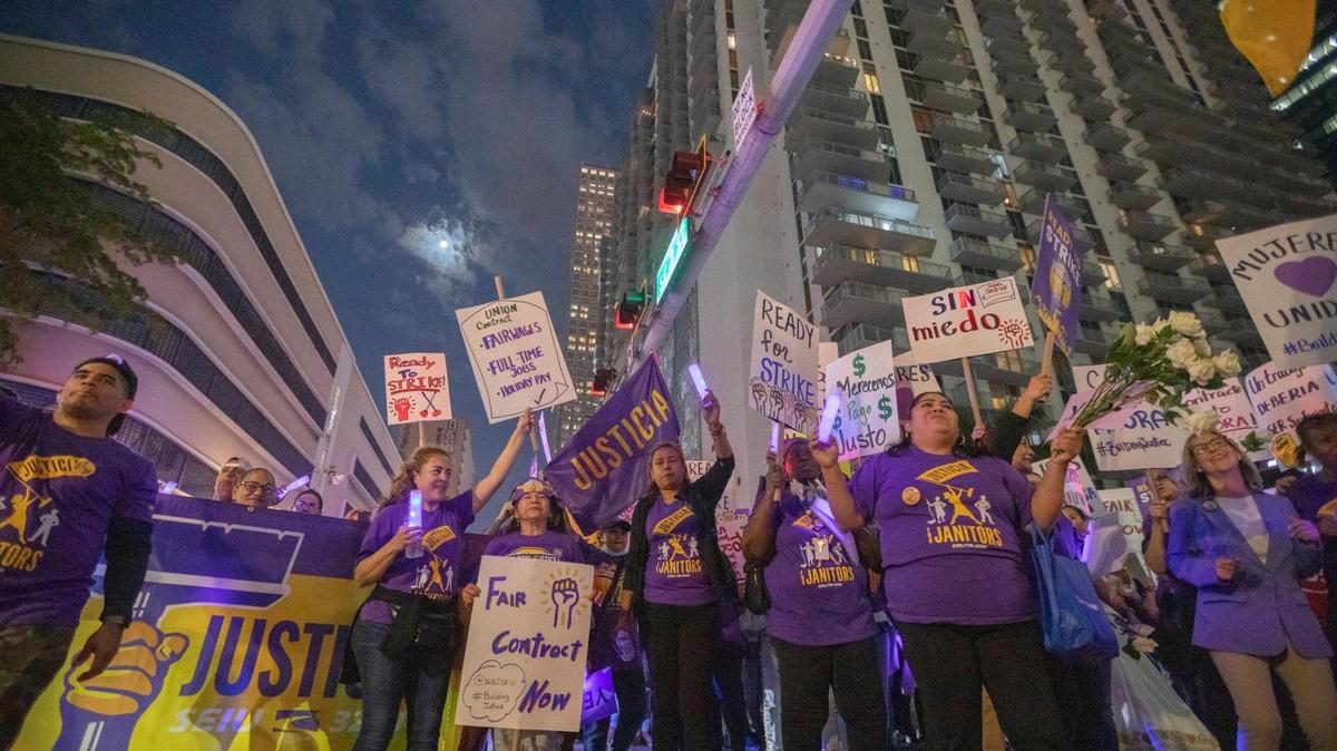 Janitors in South Florida walks the streets in protest on Wednesday, Feb. 21., 2024, in Downtown Miami.