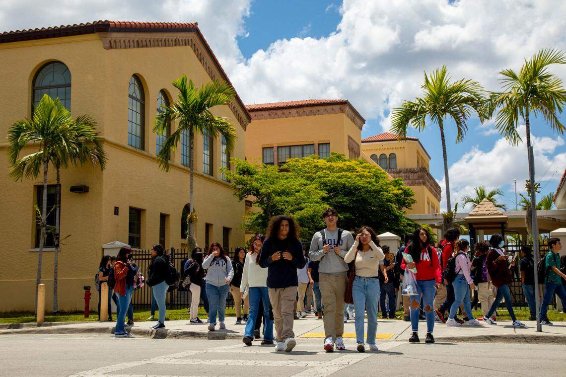 Students leave campus after the first day of school at Miami Senior High in Miami, Florida, on Wednesday, Aug. 17, 2022.