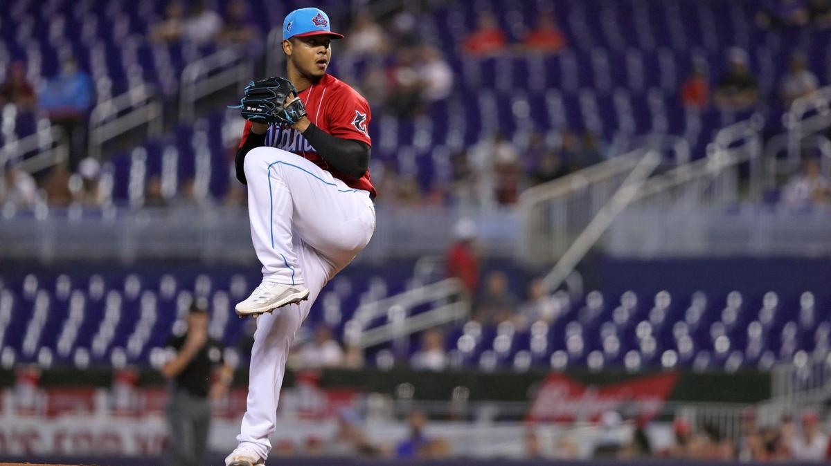 Miami Marlins pitcher Elieser Hernandez (57) pitches against the Philadelphia Phillies during the second inning of their baseball game at loanDepot park on Sunday, September 5, 2021 in Miami, Florida.
