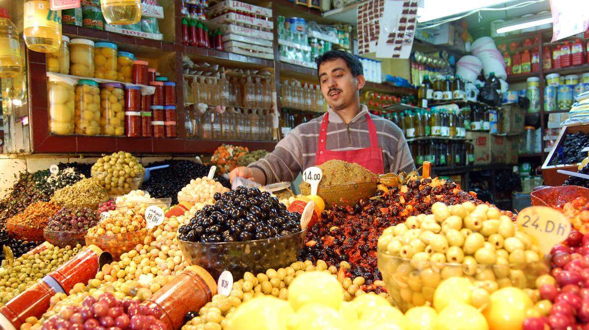 Tangier’s market boasts piles of fruits, veggies, and olives, countless varieties of bread, and nonperishables, like clothing and electronics.