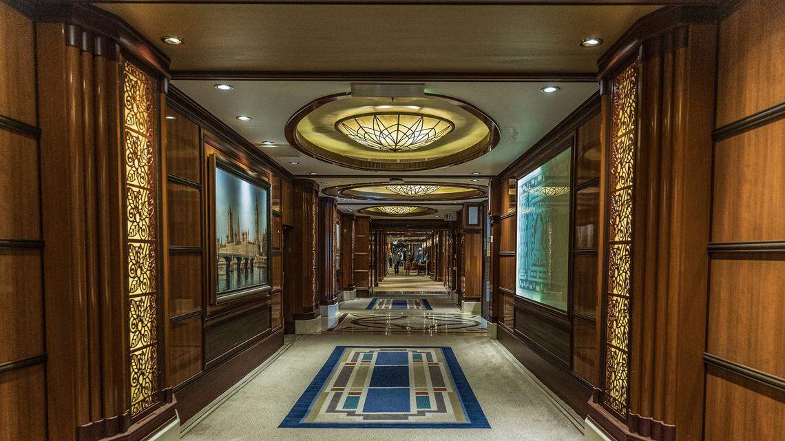 View of a main hallway on deck two inside of the Cunard cruise ship Queen Elizabeth', as it sits docked at PortMiami on Thursday, Oct. 16, 2025, in Miami. The vessel arrived around 6 a.m. and will be based in Miami for six months, offering voyages to the Caribbean. After tours and festivities, the ship is scheduled to depart later Thursday on its inaugural 12-night Caribbean cruise.