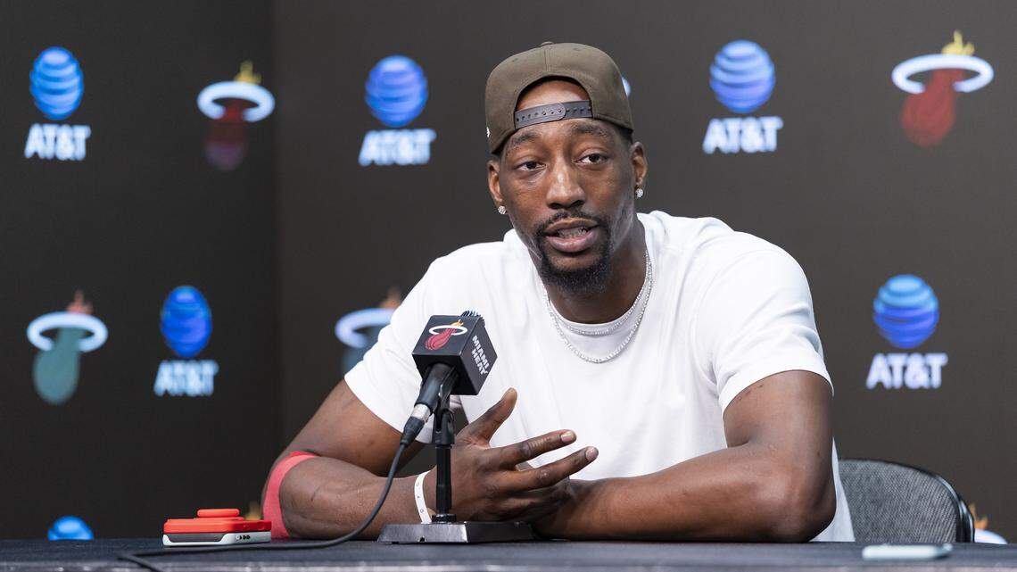 Miami Heat center Bam Adebayo (13) participates in his team's season-ending exit interviews at the Kaseya Center on Thursday, April 16, 2026, in downtown Miami, Fla.