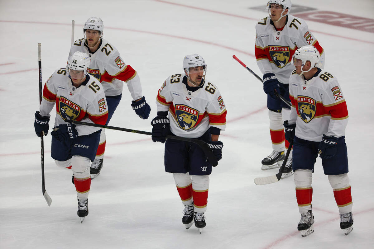 Florida Panthers skate back to the bench after the goal of Florida Panthers center Anton Lundell (15) in the first period during game five of the first round of the Stanley Cup playoffs on Wednesday, April 30, 2025 in Tampa.