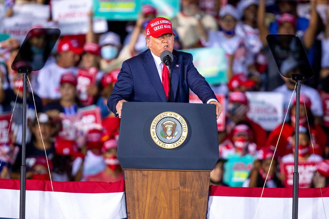 President Donald Trump speaks during his ‘Make America Great Again Victory Rally,’ at Signature Flight Support OPF - Opa-Locka Executive Airport in Opa-locka, Florida, on Sunday, November 1, 2020.