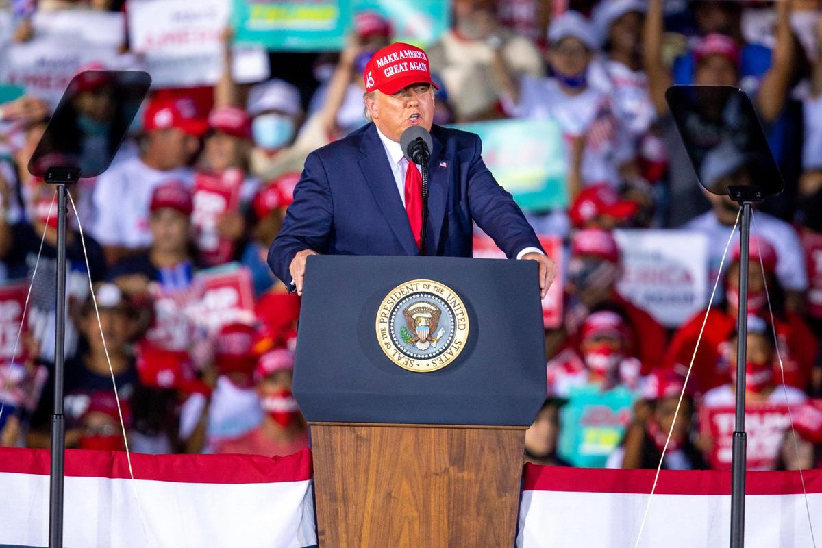 President Donald Trump speaks during his ‘Make America Great Again Victory Rally,’ at Signature Flight Support OPF - Opa-Locka Executive Airport in Opa-locka, Florida, on Sunday, November 1, 2020.
