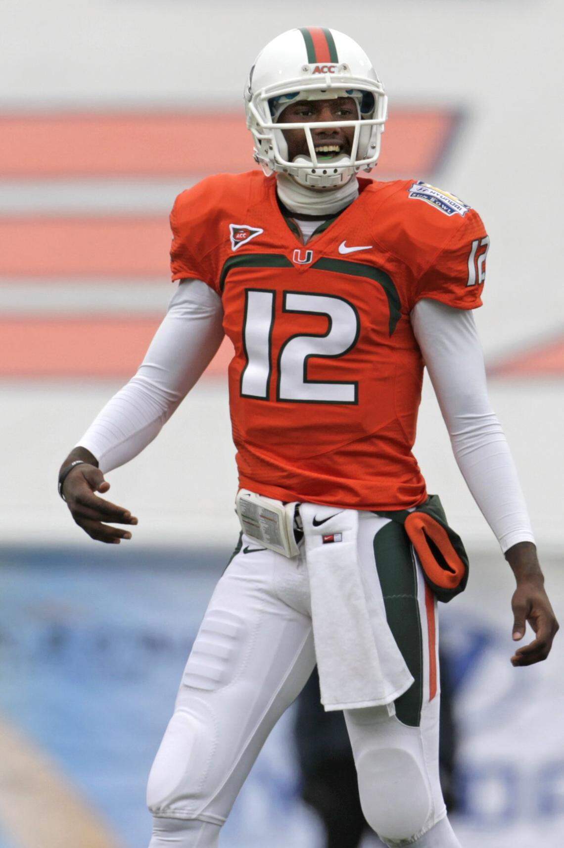 Miami's Jacory Harris react's after throwing his third interception before the half during the University of Miami Hurricanes vs Notre Dame in the Sun Bowl in El Paso, Texas on Dec. 31, 2010.