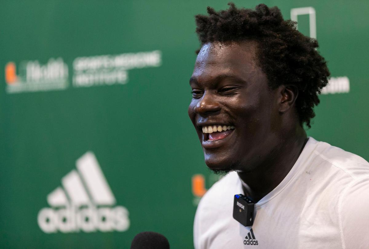 Miami Hurricanes linebacker Gilbert Frierson speaks during a press conference at the University of Miami in Coral Gables, Florida on Monday, March 7, 2022.
