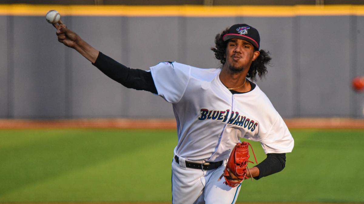 Miami Marlins pitcher prospect Eury Perez throws for the Pensacola Blue Wahoos against the Rocket City Trash Pandas on Friday, May 13, 2022.