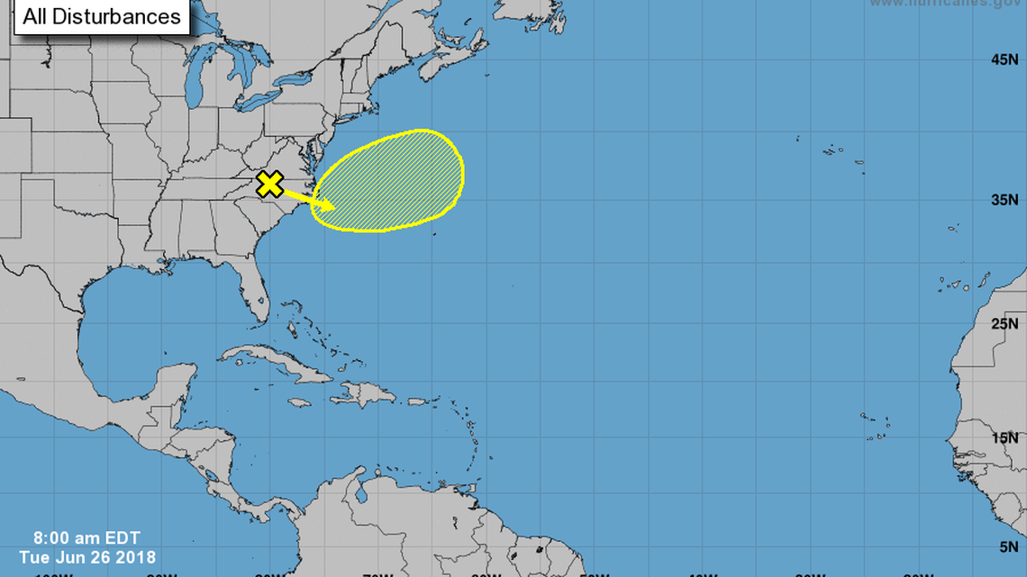 National Hurricane Center forecasters are watching for a low pressure system to form Wednesday off the Carolina coast that could become a tropical depression or storm as it moves east, away from the U.S.