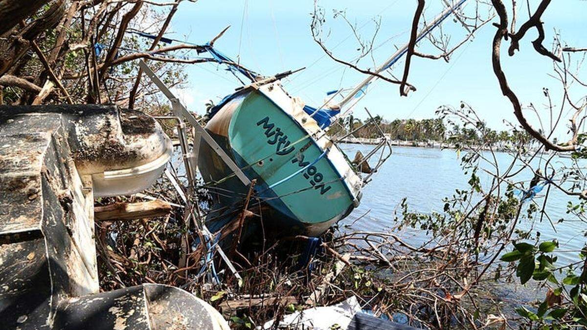 After Hurricane Irma in 2017, boat sits stranded among mangroves in the Florida Keys.