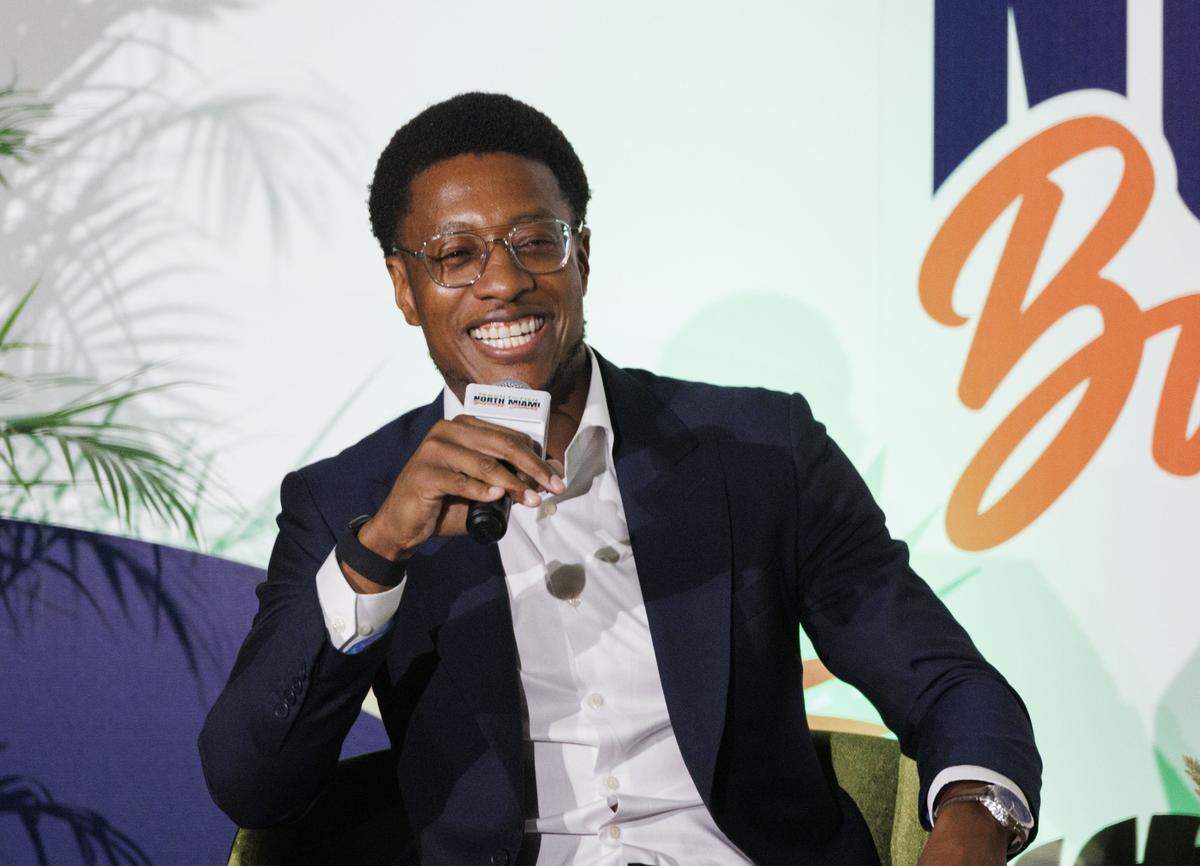 Damola Adamolekun, Red Lobster CEO, laughs during at interview at the luncheon at the Teach to Fish Business Summit, on Tuesday, Oct. 14, 2025, at the Kovens Conference Center in North Miami Beach, Fla. 