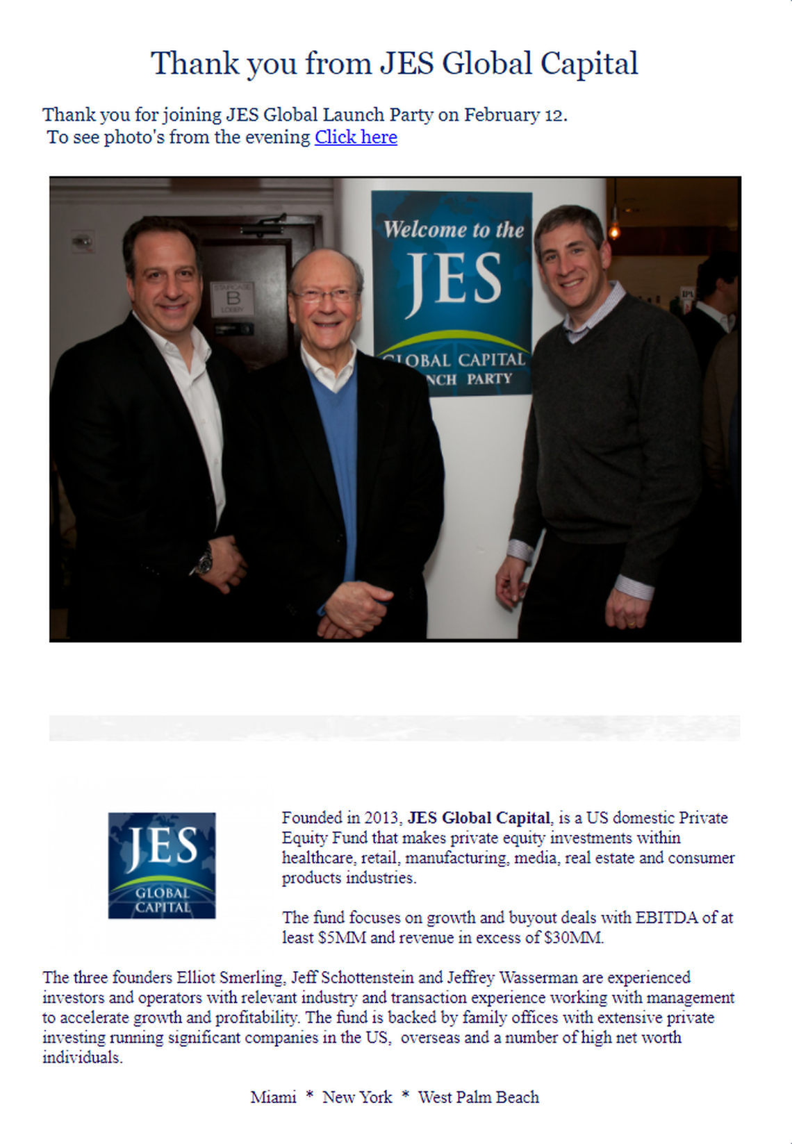 Screenshot from website showing thank-you message for JES Global launch party in 2013. One of the firm’s founders, Elliot Smerling, was arrested and charged with wire fraud and identity theft.