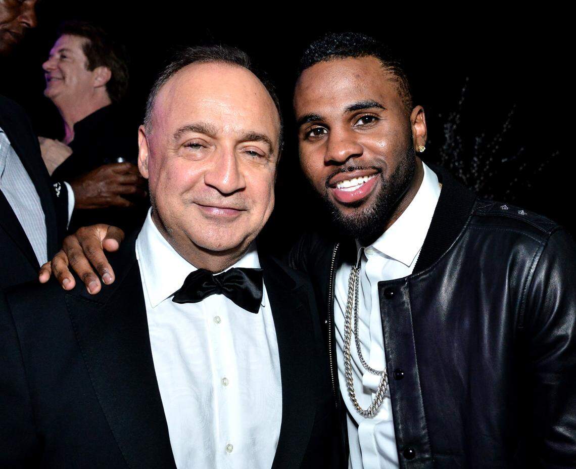 LOS ANGELES, CA - FEBRUARY 08:  Len Blavatnik (L) and recording artist Jason Derulo attend the Warner Music Group annual Grammy celebration at Chateau Marmont on February 8, 2015 in Los Angeles, California.  (Photo by Araya Diaz/Getty Images  for Warner Music Group)