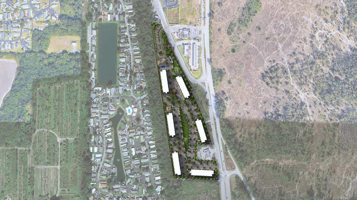 Coral Gables-based Coral Rock Development Group will transform a 13-acre vacant site located near the west side of U.S. 1 where it merges with Krome Avenue and splits off to Card Sound Road at 35800 S. Dixie Highway. Here’s an aerial rendering of the site.