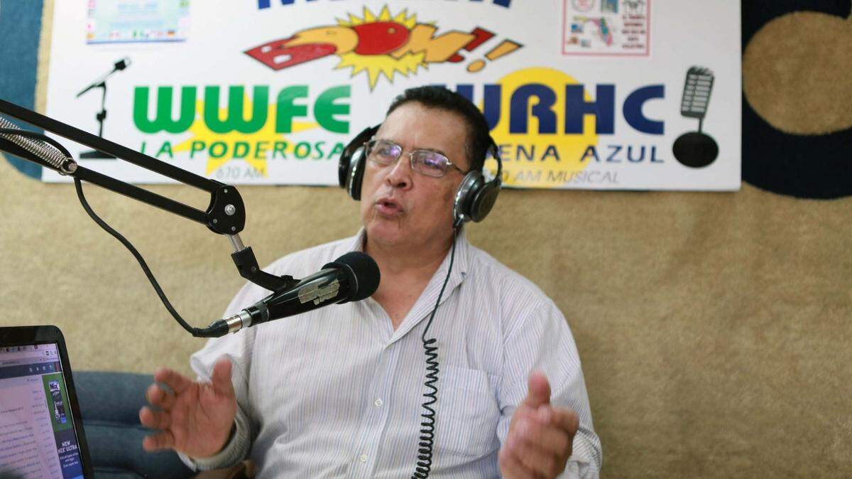 As seen on Sept. 8, 2016: Jorge Herrera Monroy, host of La Poderosa’s “Palpitar México,” speaks during his show.