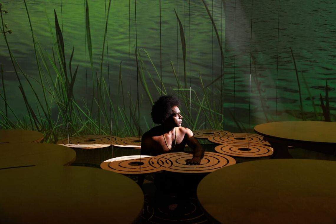 A video projection of Arturo Arrechea skipping stones at Tropical Park is part of the multi-media installation “Bare Tool” (“Herramienta desnuda”) at Locust Projects through Thursday, Jan. 23.