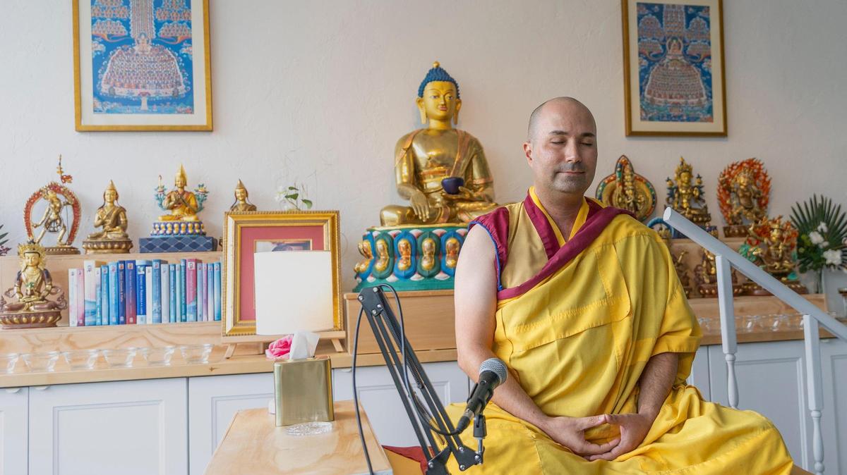 Gen Kelsang Tashi a resident teacher at Kadampa Meditation Center Miami, mediates on a cushion, on Friday, June 27, 2025, in Miami, Florida.