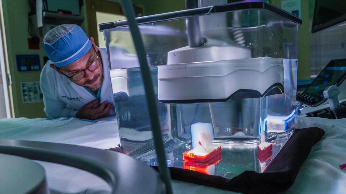 Dr. Omar H. Llaguna, specialist in surgical oncology, looks at a medium that mimics a liver tumor in a human body to demonstrate how a histotripsy procedure works, performed by a HistoSonics medical device during a demonstration at the Memorial Hospital West, in Pembroke Pines, on Thursday June 12, 2025.