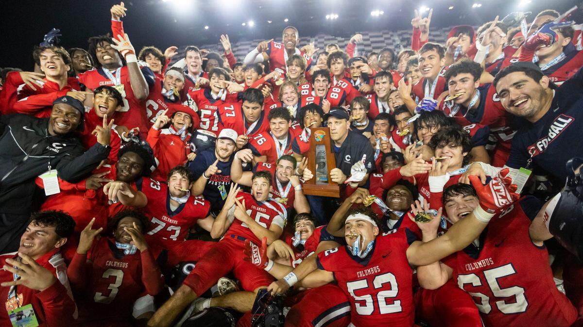 Columbus Explorers Agyeman Addae (32) celebrates after his team defeated the Apopka Blue Darters during their 2022 FHSAA State Championships-Class 4M football game on Saturday, Dec. 17, 2022, in Fort Lauderdale, Fla.