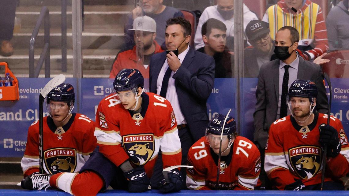 Florida Panthers interim head coach Andrew Brunette looks from the bench during the second period of an NHL game against Los Angeles Kings at the FLA Live Arena on Thursday, December 16, 2021 in Sunrise, Fl.