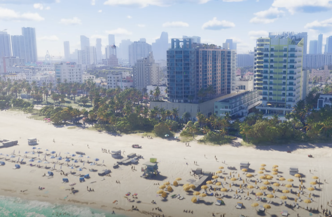 A screenshot from the trailer for Grand Theft Auto VI shows a fictionalized version of Miami Beach. Grand Theft Auto VI, set in Vice City (fictionalized Miami), will be the eighth main GTA game, and the first since Grand Theft Auto V, which was released in 2013. The series is developed by Rockstar Games.